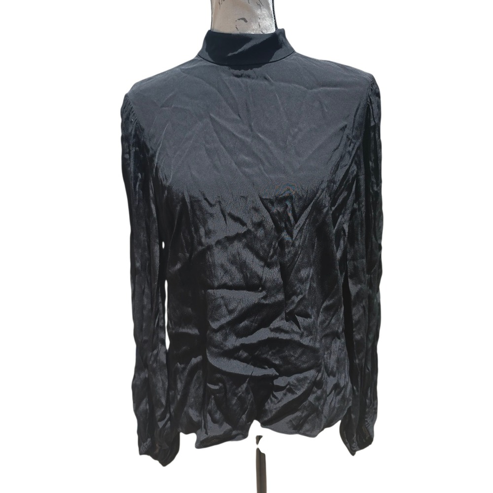 The Kooples -537 NWT Mock Neck Blouse Long Sleeve Button Back Top Black Medium‎